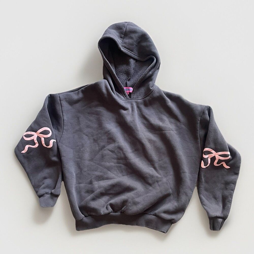 Edikted Gray Fleece Pullover Hoodie with Pink Bow Accents Crew Neck Size XS